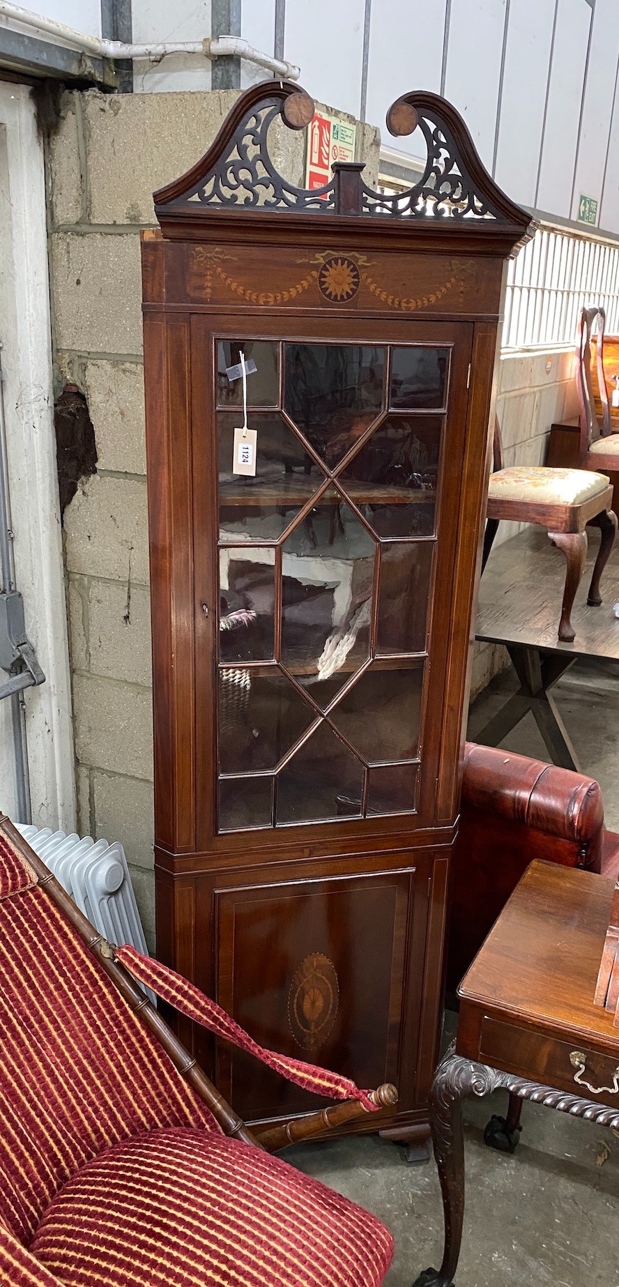 An Edwardian inlaid mahogany standing corner cabinet, width 60cm, height 202cm